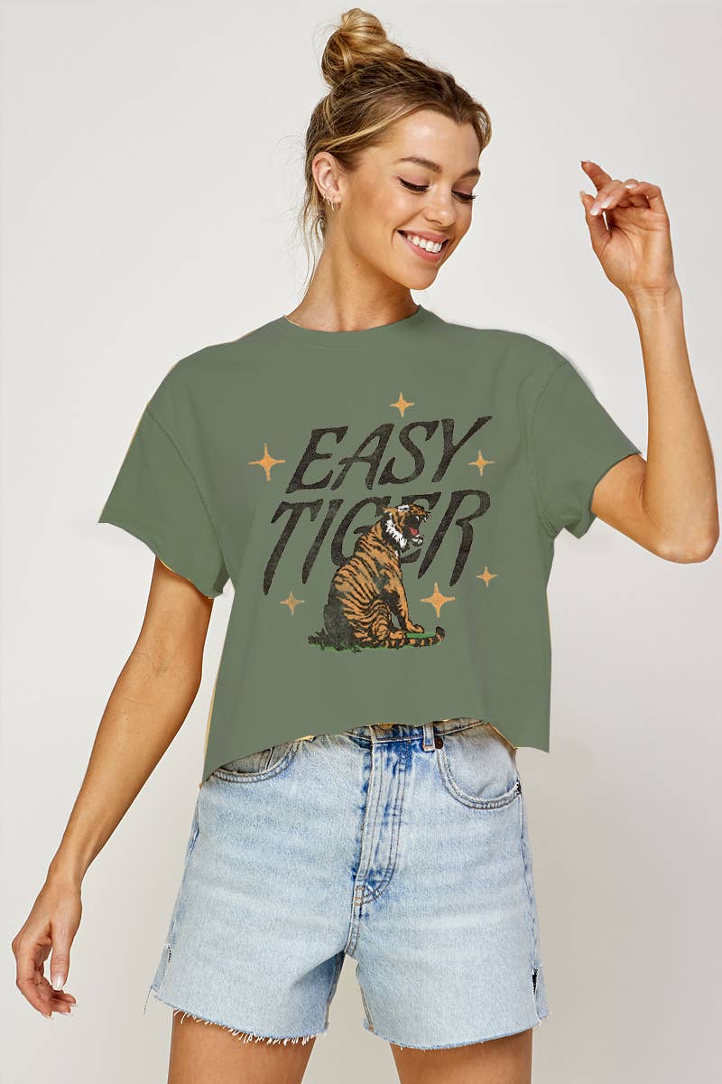 Illustrated Society - Vente T-shirt sérigraphié – femme - HAUT COURT GRAPHIQUE VINTAGE EASY TIGER2