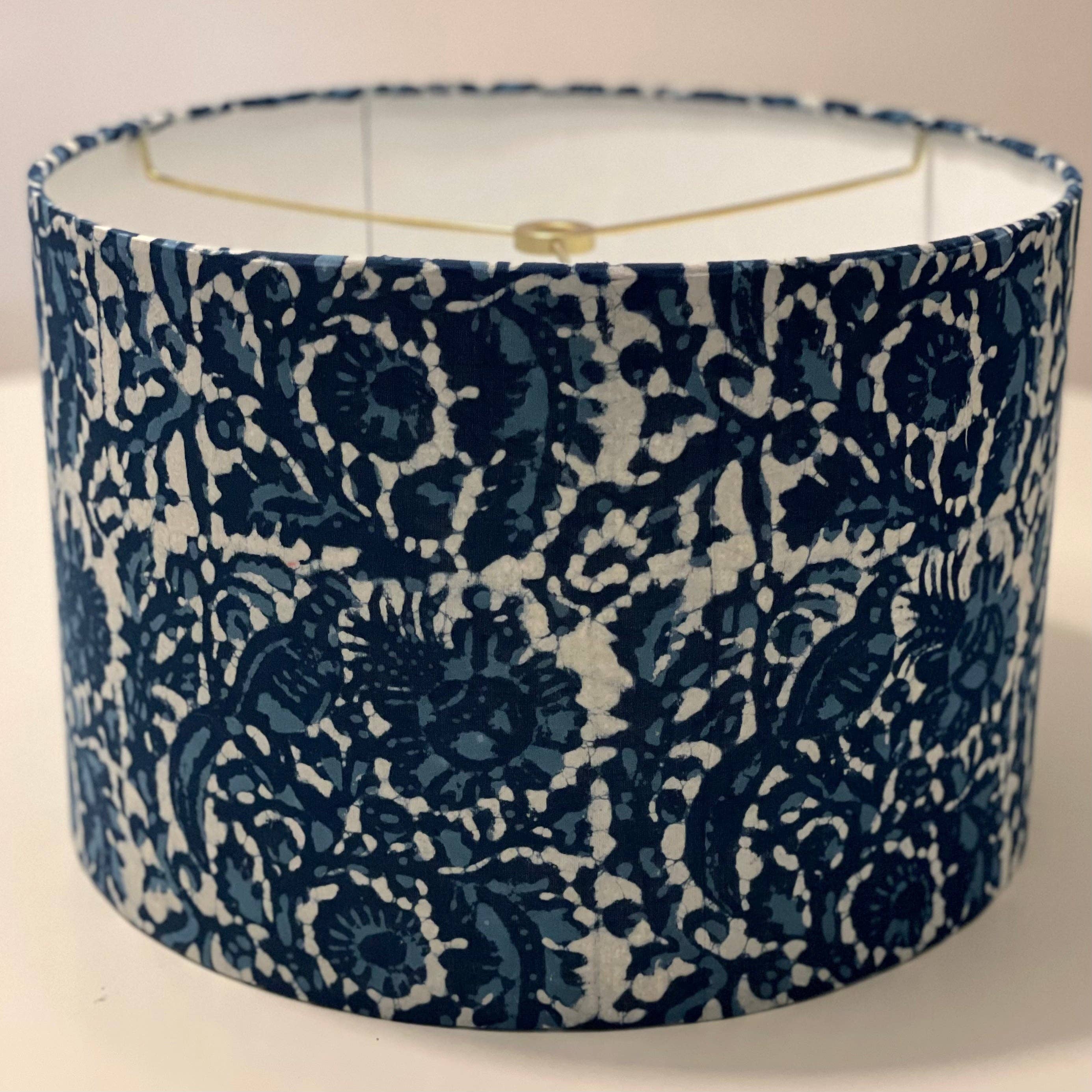 Olive and Limpet - Wholesale Lamp Shade - 12 Inch Drum Lampshade. Indigo Bagru Dabu Indian Hand Block Print. Peacock Motif.0