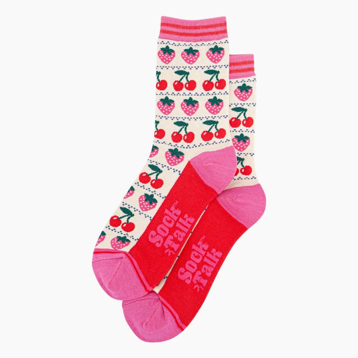 Sock Talk - Wholesale Socks – Women's - Women's Bamboo Socks - Cream, Strawberry Cherry Fair Isle1