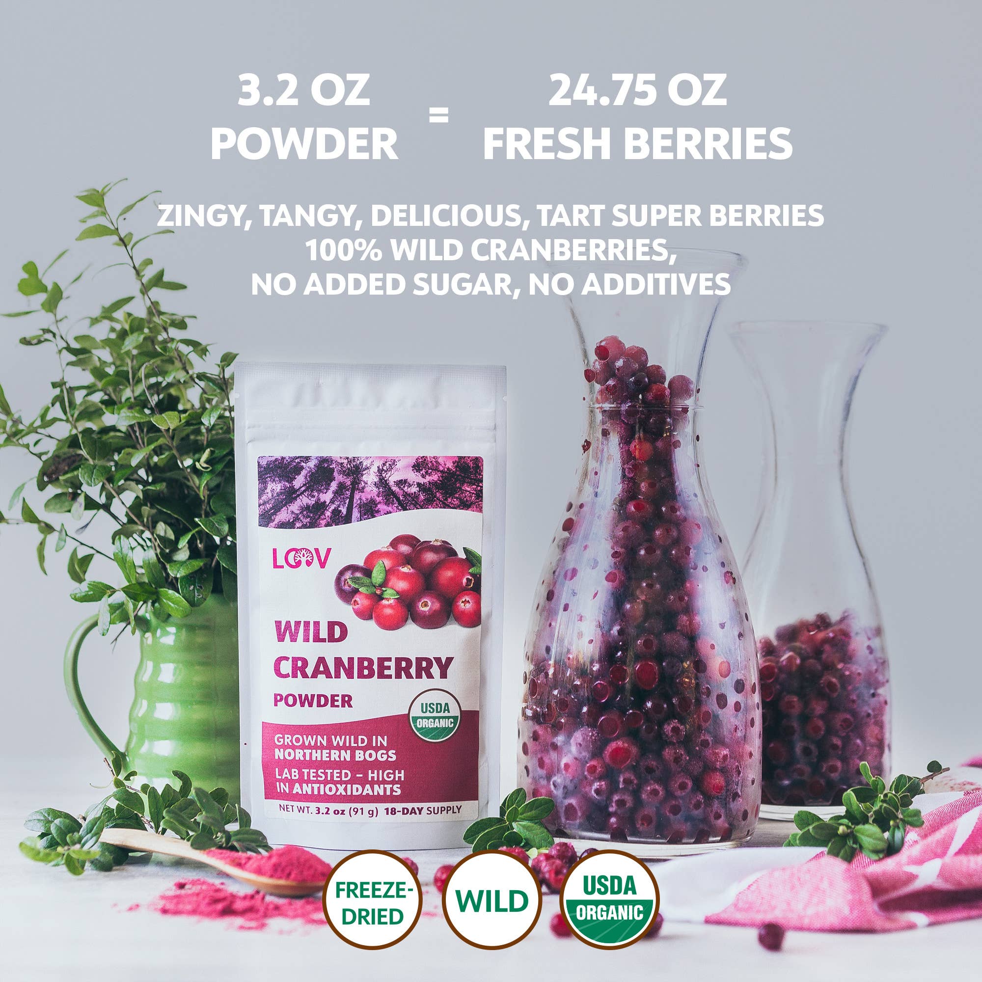 LOOV Organic Superfoods - Wholesale Protein/Superfood Powder - Freeze-Dried Organic Wild Cranberry Powder 3.2 oz4