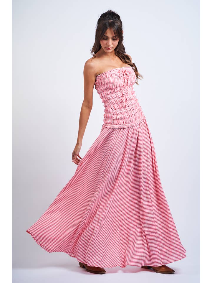 Sky to Moon - Wholesale Dress - Women's - PALE CHECKER SMOCKED BODY RUFFLE TUBE MAXI DRESS