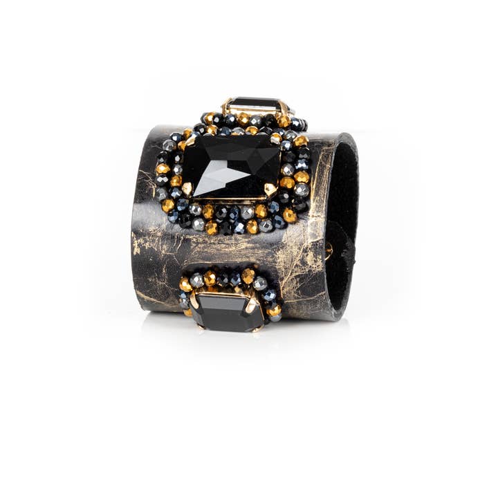 Black Crystal Embellished Leather Statement Cuff Bracelet for wholesale by The Dark