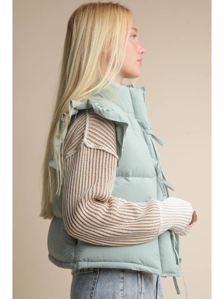 VERY J - Wholesale Puffer Jacket - Women's - NJ90385-Front Bow Ruffle Sleeve Puffer Vest16