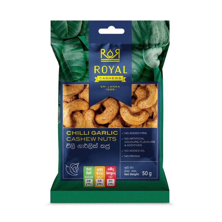50g Chilli Garlic Cashew Nut Pack for wholesale by Royal Cashews