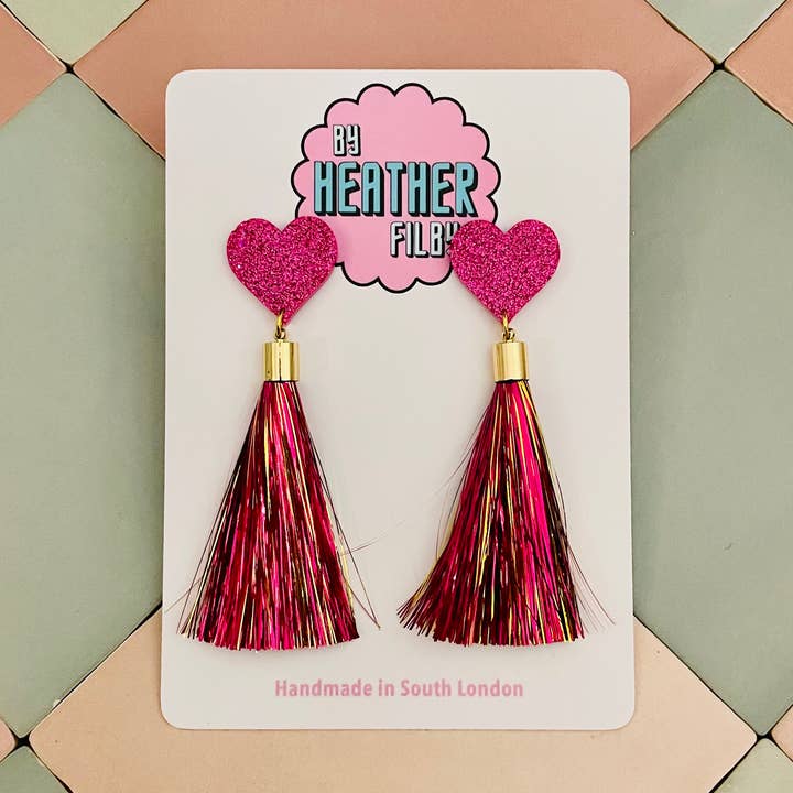 By Heather Filby - Wholesale Tassel Earrings - Pink Tassel Heart Glitter Resin Earrings0