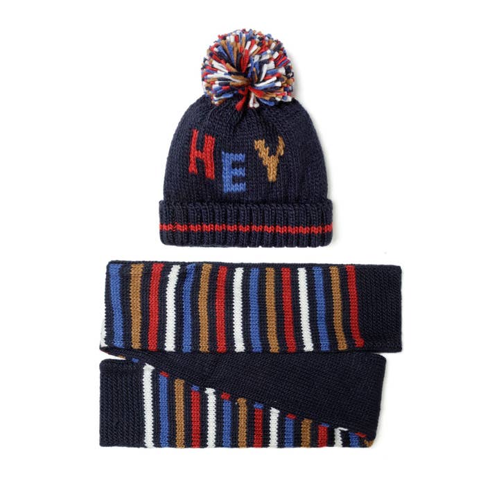 Minoti sp. z o.o. - Wholesale Kids Hat - Kids - Boys knitted hat and scarf set jacquard wording navy 6m-8y2