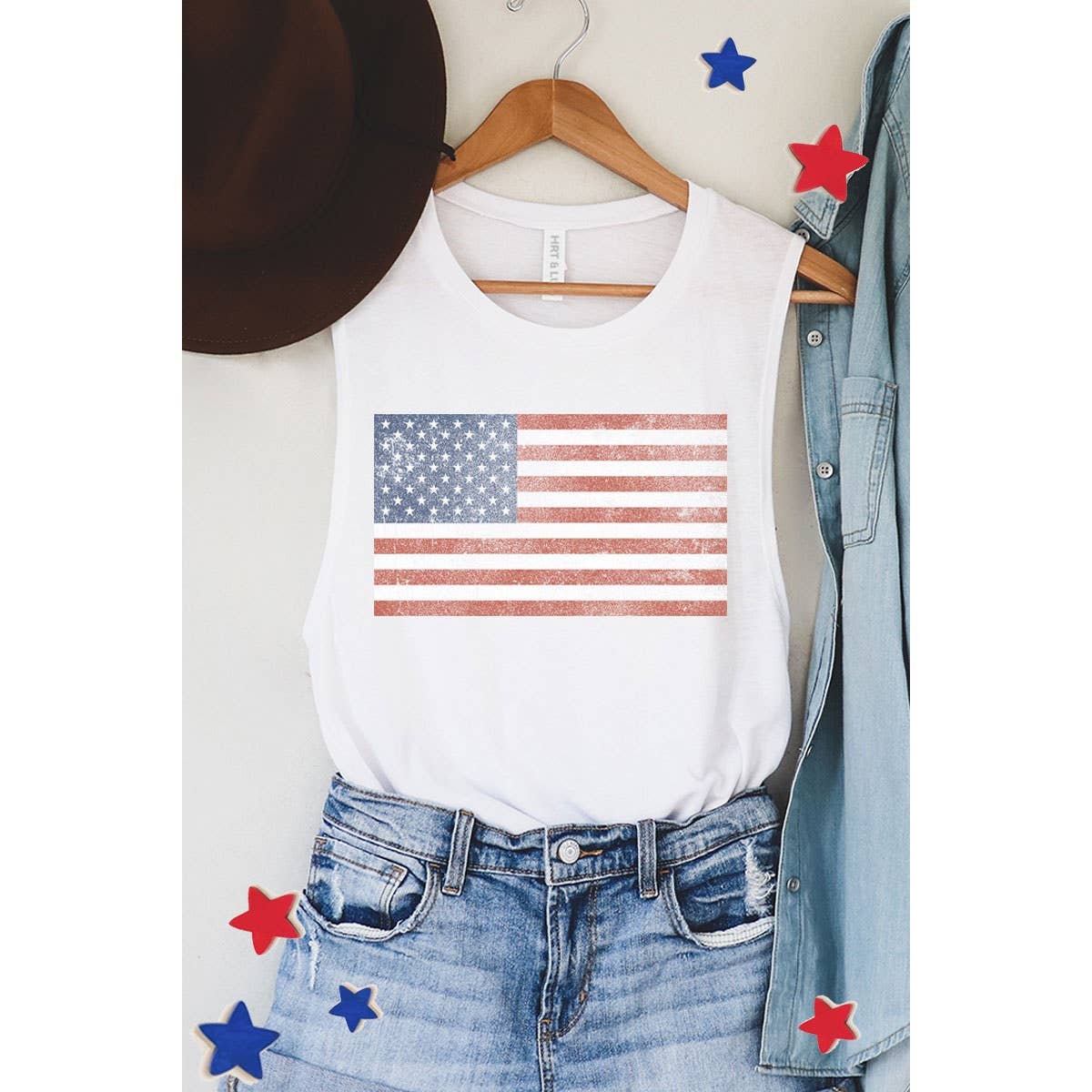 HRTandLUV - Wholesale Tank Top - Women's - VINTAGE AMERICAN FLAGS GRAPHIC TANK TOP1