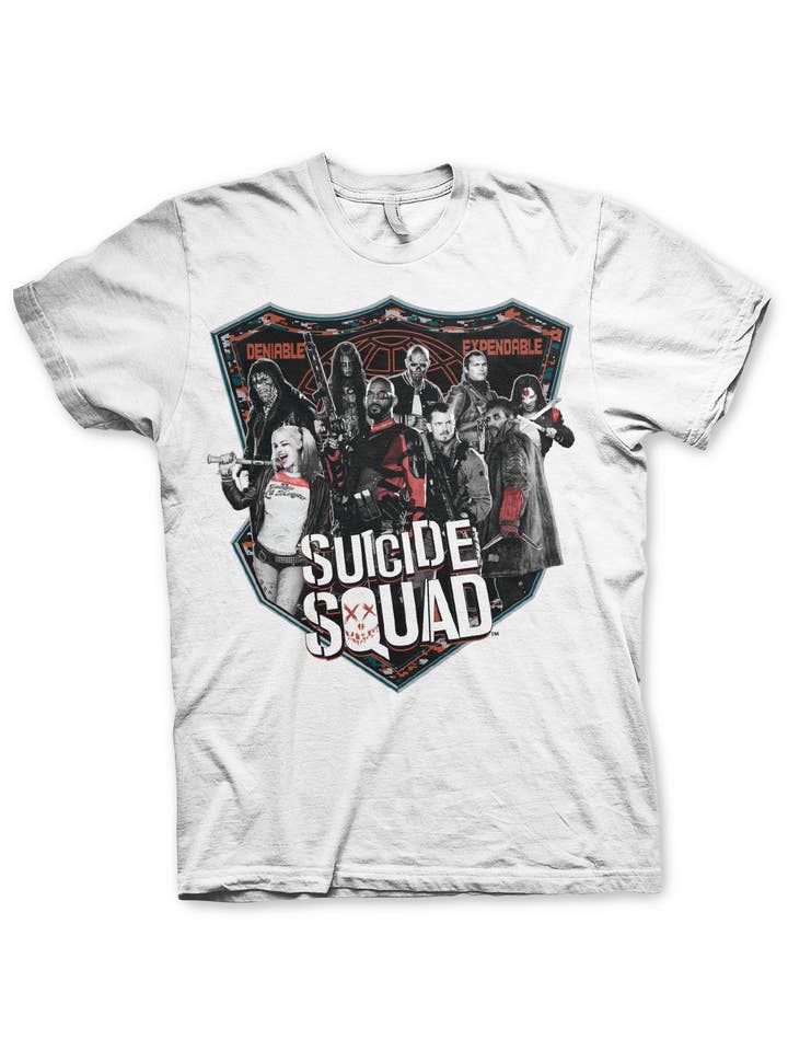 White Suicide Squad Deniable & Expendable T-Shirt for wholesale on Faire