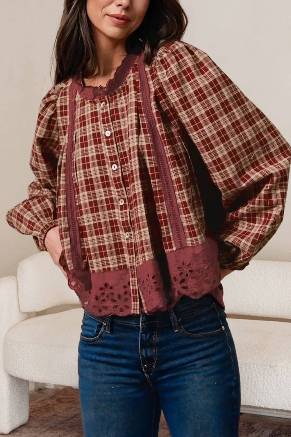 Red Dahlia Plaid Eyelet Lace Trim Loose Long Sleeve Shirt | S-XL  for wholesale on Faire1