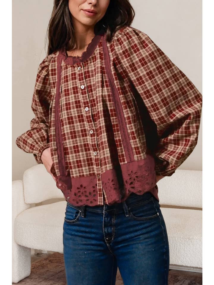 Red Dahlia Plaid Eyelet Lace Trim Loose Long Sleeve Shirt | S-XL for wholesale on Faire1