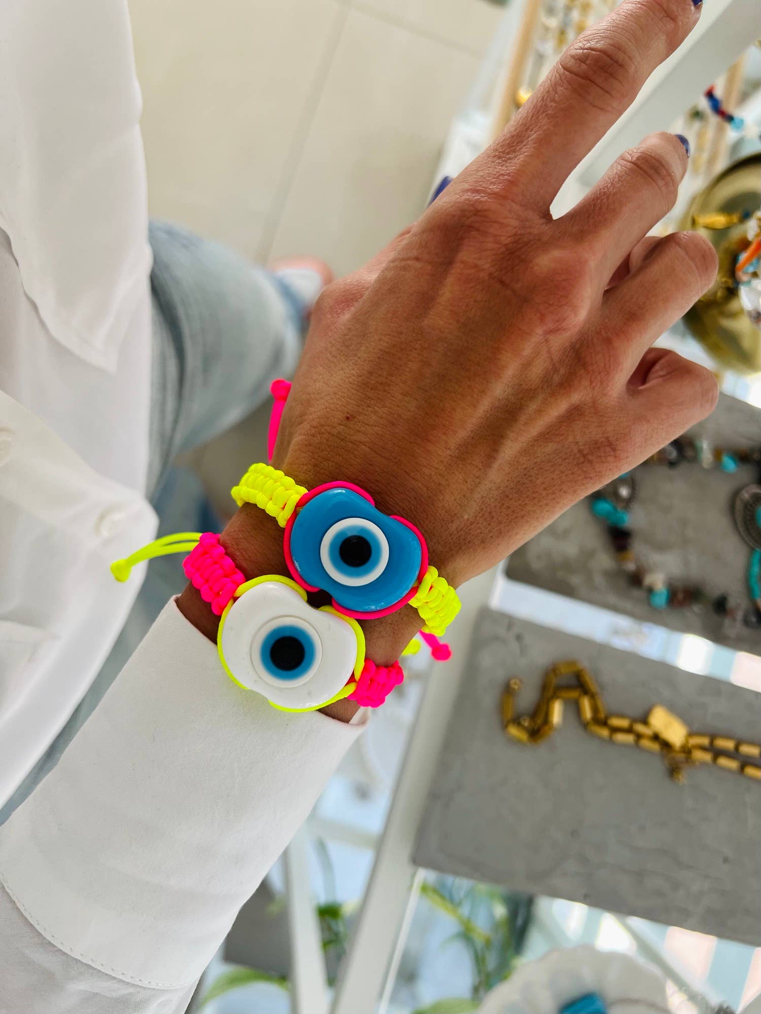 Goupi - Vendita all'ingrosso Bracciale in tessuto/intrecciato - Braccialetti con nodo in nylon rosa neon e giallo neon con occhio di protezione2