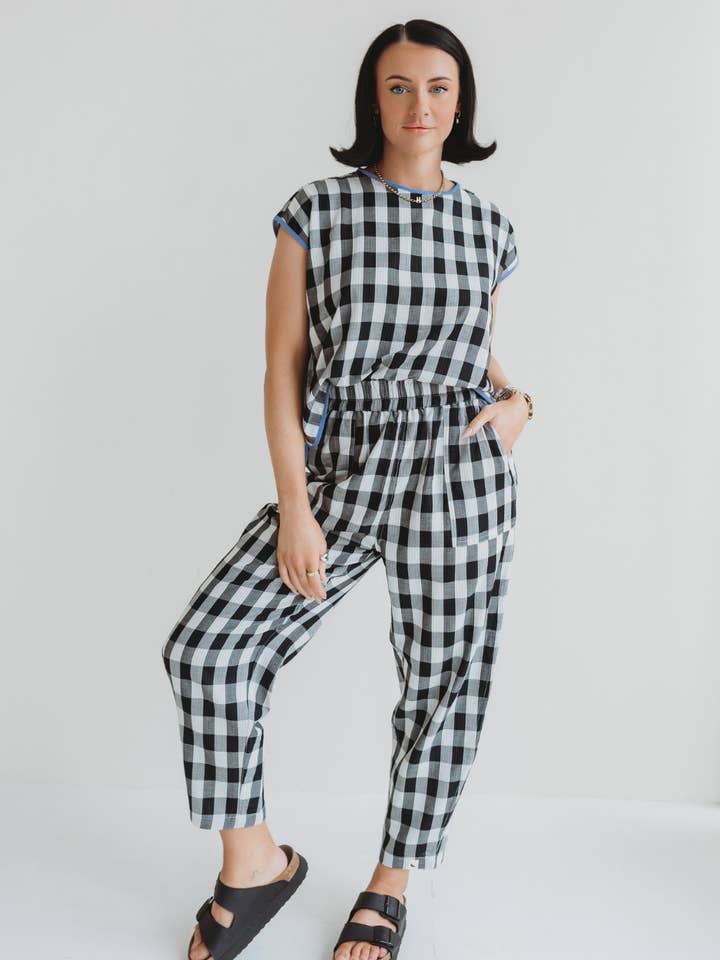 Kate Reverse Black Check Trousers for wholesale by Turtledove London