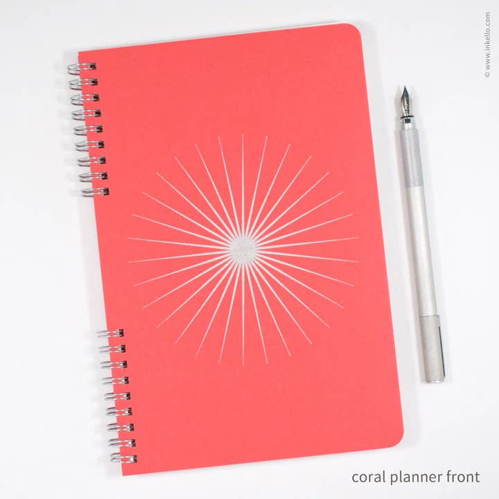 Big Burst Weekly Planner with Coral Cover and Silver Ink (#6 for wholesale by Inkello Letterpress