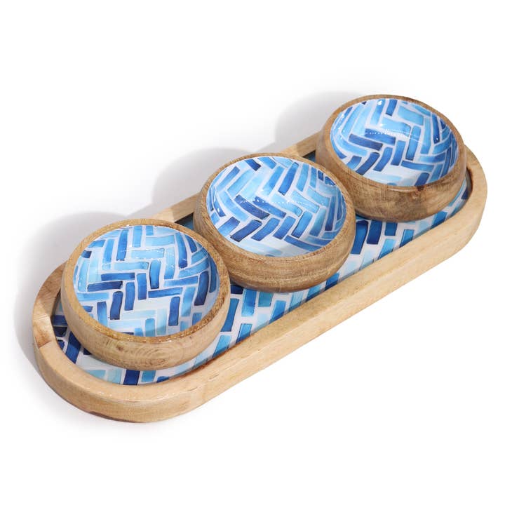 Mango Wood Tray with 3 Bowls - Blue Stripes for wholesale by Ancient Wisdom