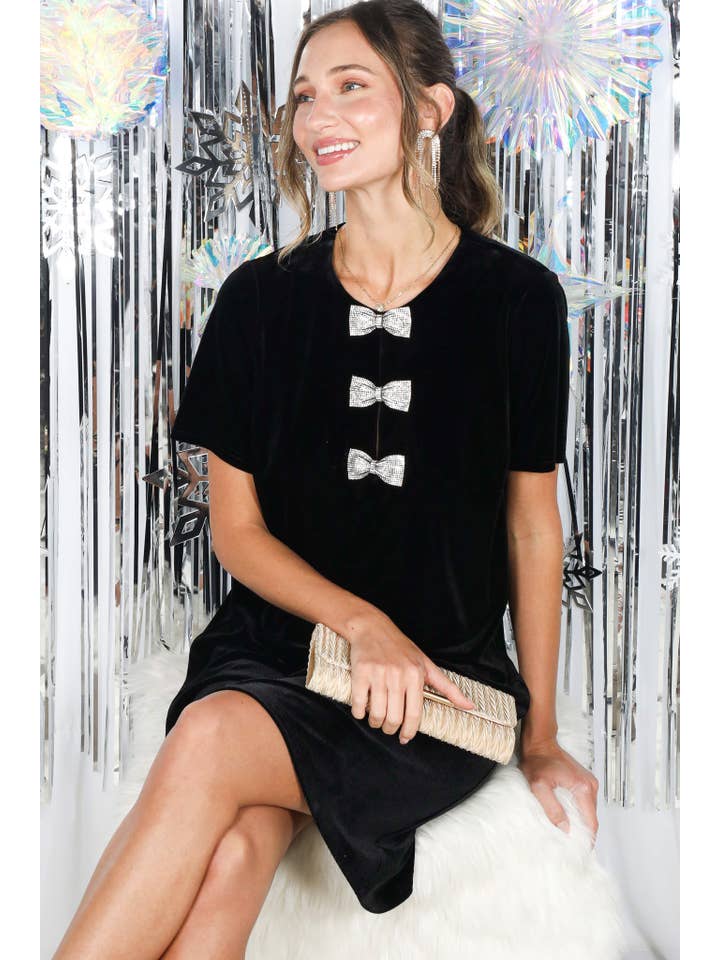 Vine & Love - Wholesale Dress - Women's - Sparkling Sequin Bow Embellished Velvet Dress VD8273722