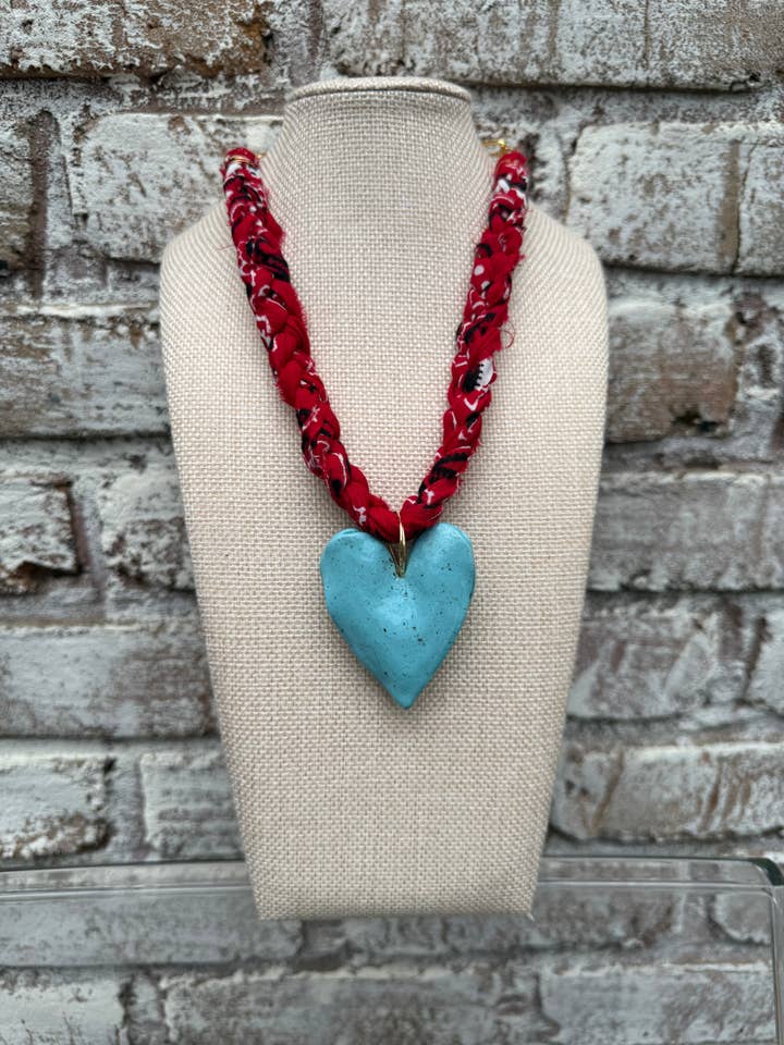 Chunky Red Bandana with Turquoise Heart Necklace for wholesale by Chic’d Out