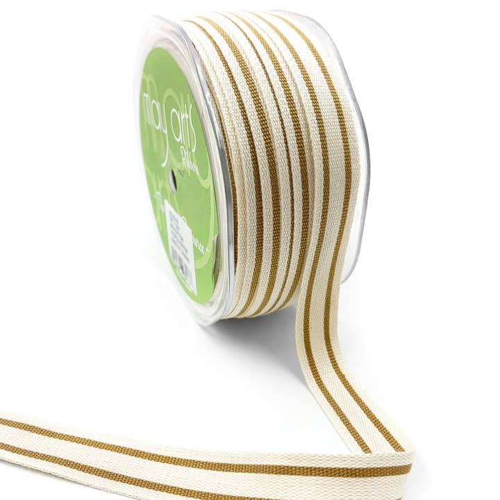 May Arts Ribbon - Wholesale Ribbon - Gift Wrapping - 5/8" Woven Cotton Antique Gold Double Stripes Ribbon