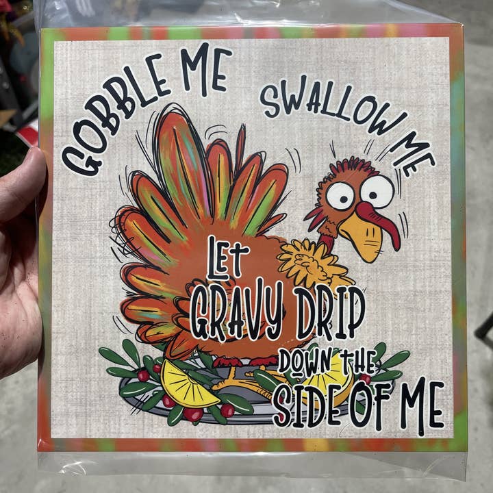 Wreath Sign, Gobble Me Thanksgiving Turkey 10"x10" Metal Sig for wholesale by DecoExchange