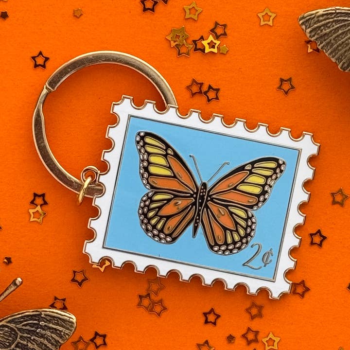 Monarch Butterfly Postage Stamp Keychain for wholesale by Sablewood Paper Company