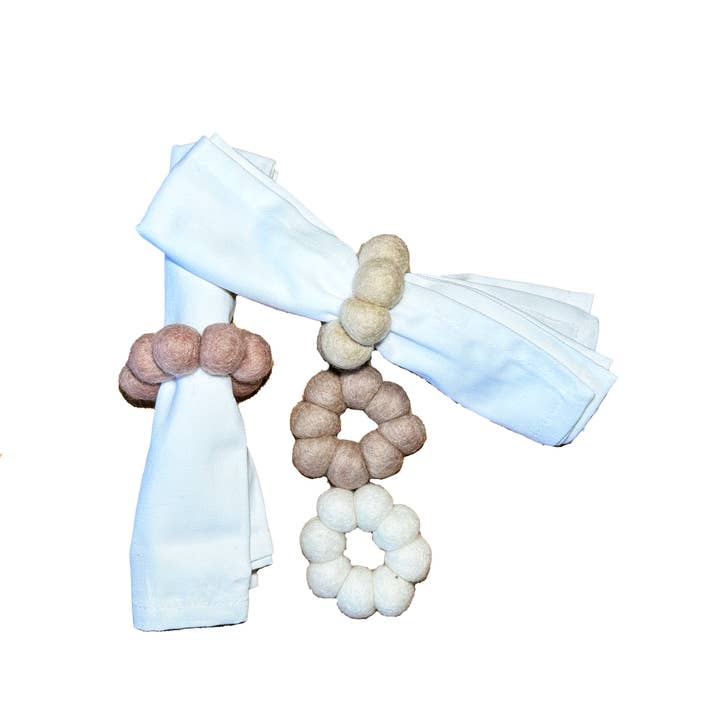 Driftwood Tonal Handmade Wool Felt Pom-Pom Napkin Rings for wholesale by Global Groove Life