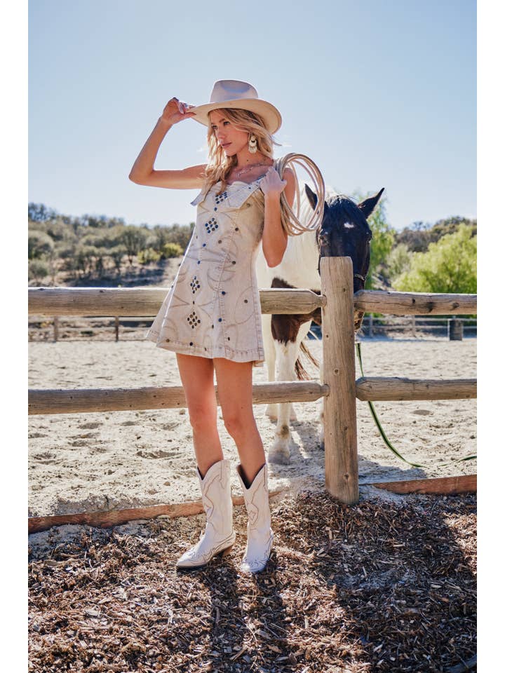 Blue B - Wholesale Dress - Women's - 23466D - Studded Western Buckle Stretch Denim Dress