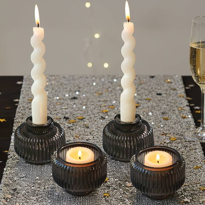 Kate Aspen - Wholesale Candle holder - 2-In-1 Fluted Smoke Grey Glass Taper Candlestick Candle Holders (Set Of 4)1