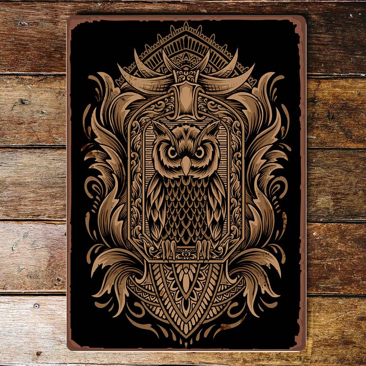 ornamental gold owl Metal Wall Sign Plaque for wholesale by The British Metal Signs Company