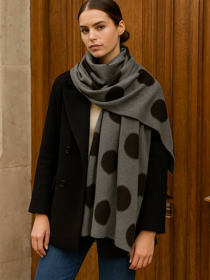 Bold Polka Dot Print Wool Frayed Scarf for wholesale by Fashion Scarf World