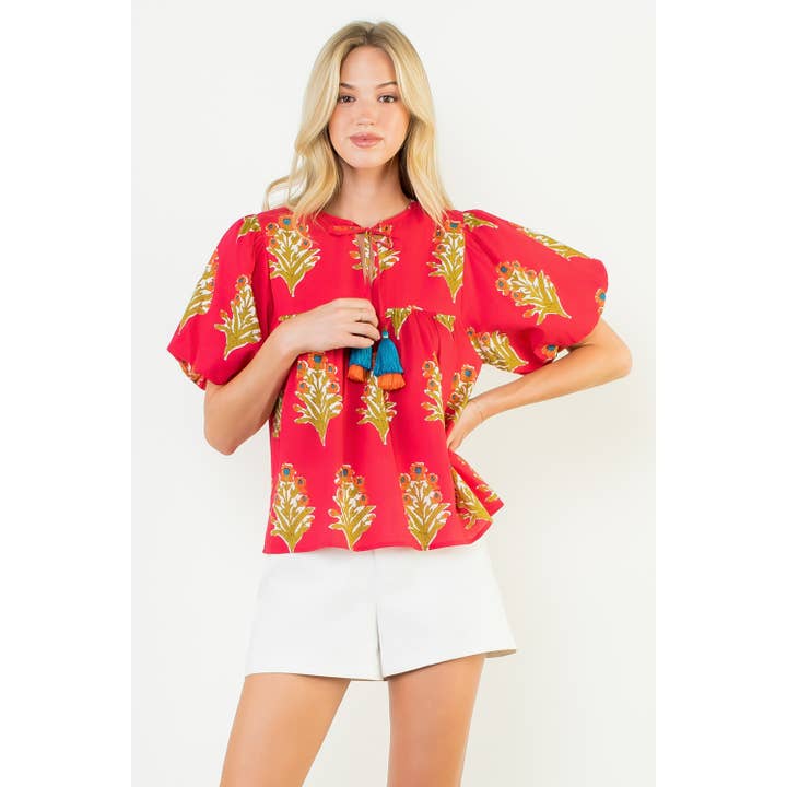 Puff Sleeve Floral Detail Tie Tassel Top for wholesale by THML