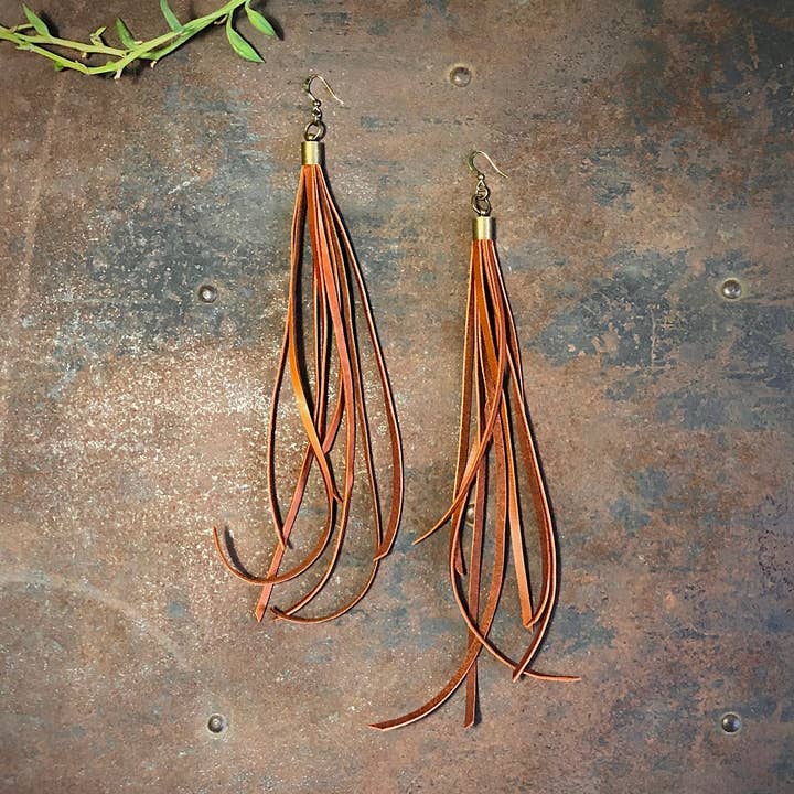 Leather Tassel Earrings - Rust, Long Boho Western Earrings for wholesale by ASTALI