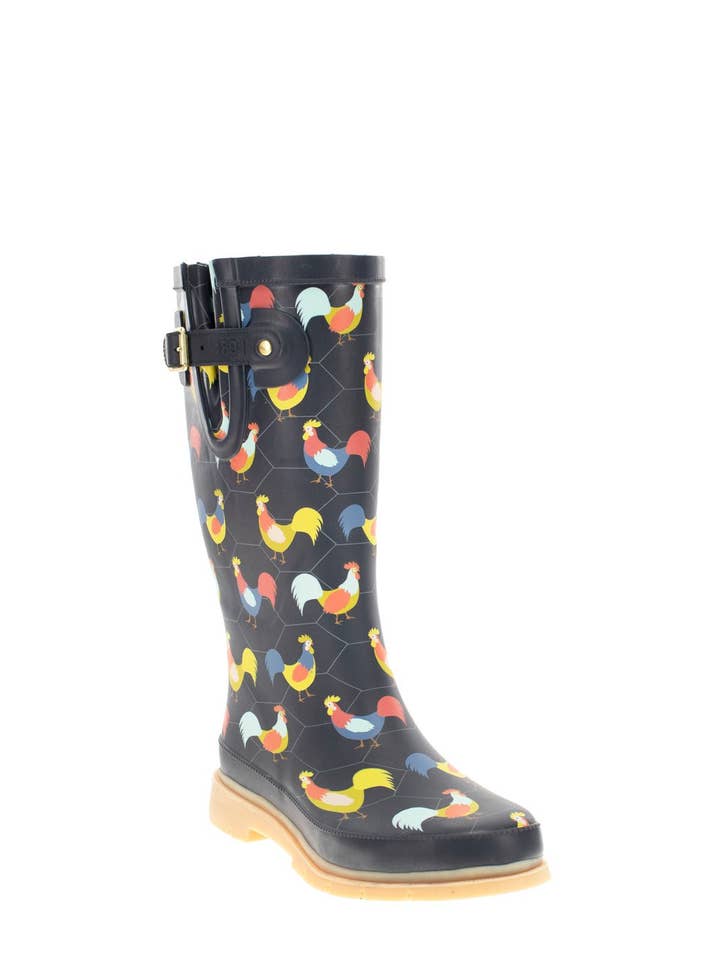 Navy Women's Chicken Plaid Tall Rain Boot - Charcoal for wholesale on Faire