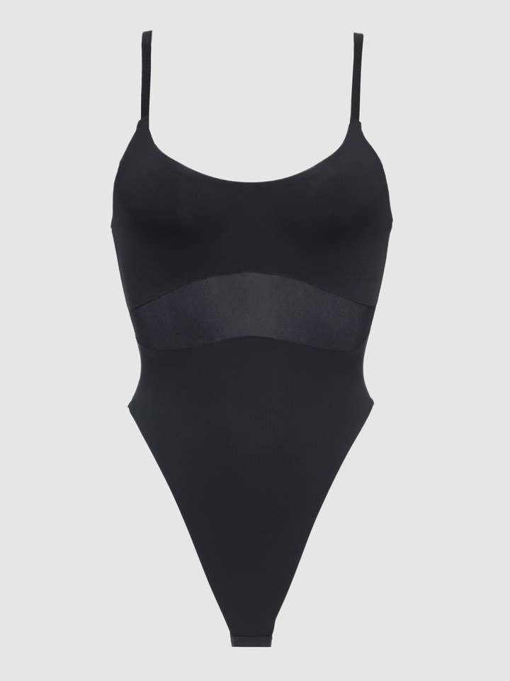 Black KATRINA MICRO & MESH HIGH HIP SHAPING BODYSUIT for wholesale on Faire