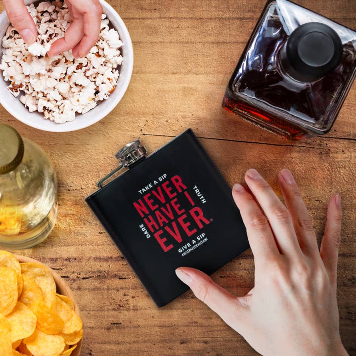 Never Have I Ever Party Game Flask, 6oz Stainless Steel for wholesale by IDEAS NEVER IMPLEMENTED
