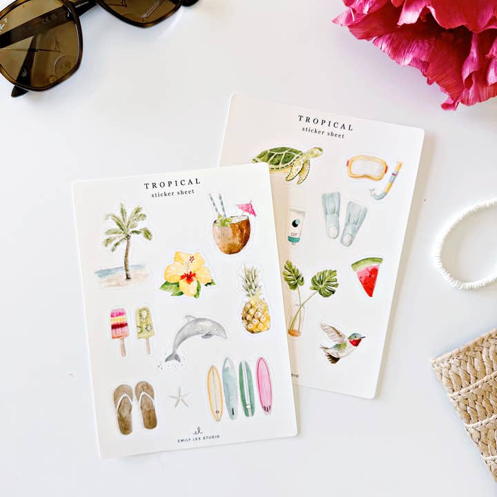 tropical sticker sheets for wholesale by emily lex studio