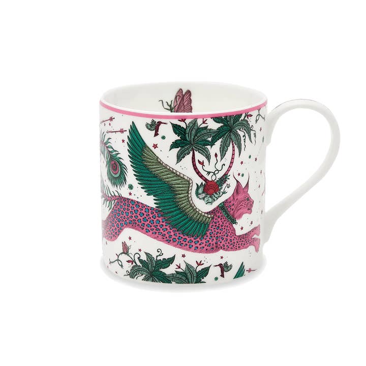 Fine Bone China Lynx Coffee Mug with Peacock Tail Design for wholesale by Emma J Shipley