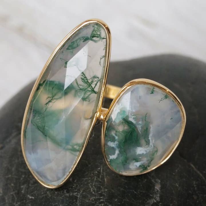 Baizaar - Wholesale Cocktail/Statement Ring - Gold Plated Moss Agate Ring0