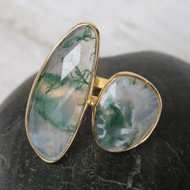 Gold Plated Moss Agate Ring for wholesale by Baizaar