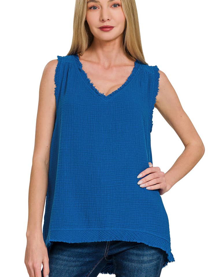...SI-27849 Double Gauze Raw Edge V Neck Tank Top for wholesale by 42POPS