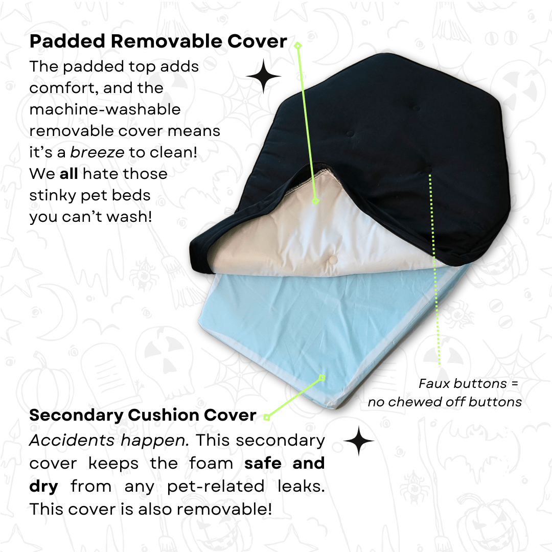 Goth Cloth Co. – wholesale Pet bed – Cat/dog – Critter Coffin - Coffin Shaped Memory Foam Pet Bed for Dogs & Cats3