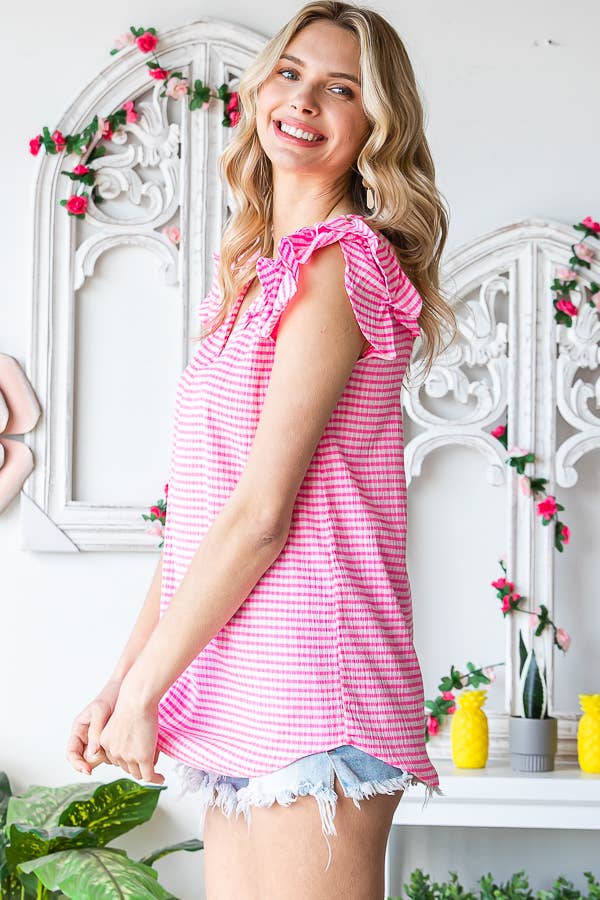 7th Ray - Wholesale Blouse - Women's - Gingham Print V-Neck Women's Blouse with Ruffle Detail T51142