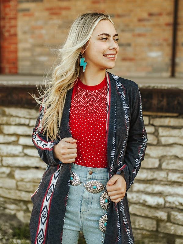 LUCKY & BLESSED - Vendita all'ingrosso Cardigan - Donna - Cardigan a maniche lunghe in French Terry nero taglie forti con motivo azteco