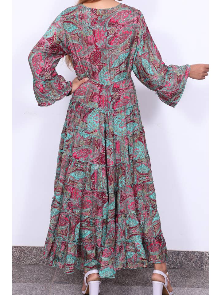 Humanity Centred Designs – wholesale Dress – Women's – V neck Full length printed frill dress with flared Sleeve4