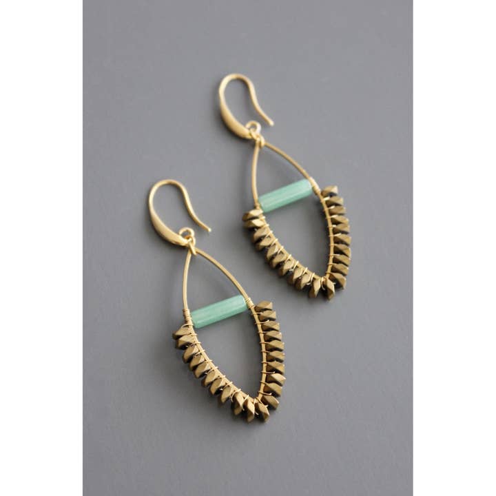 David Aubrey Jewelry - Wholesale Dangle Earrings - BKNE21 Jade and gold hematite wire wrapped earrings