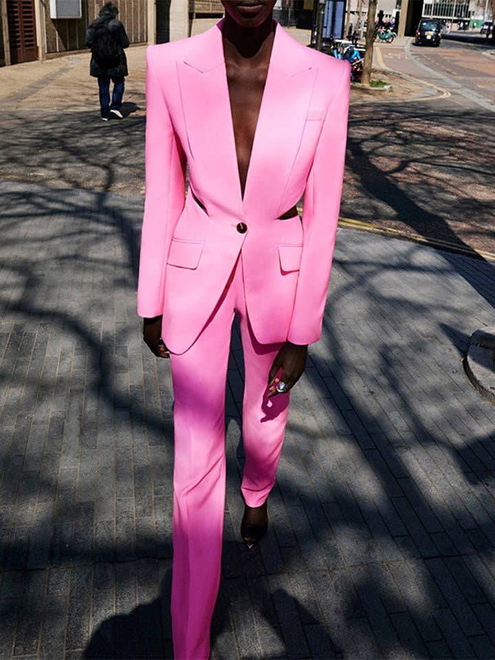 SET7-7Y Chic Pink Mesh-Stitch Slim Suit Set for wholesale on Faire