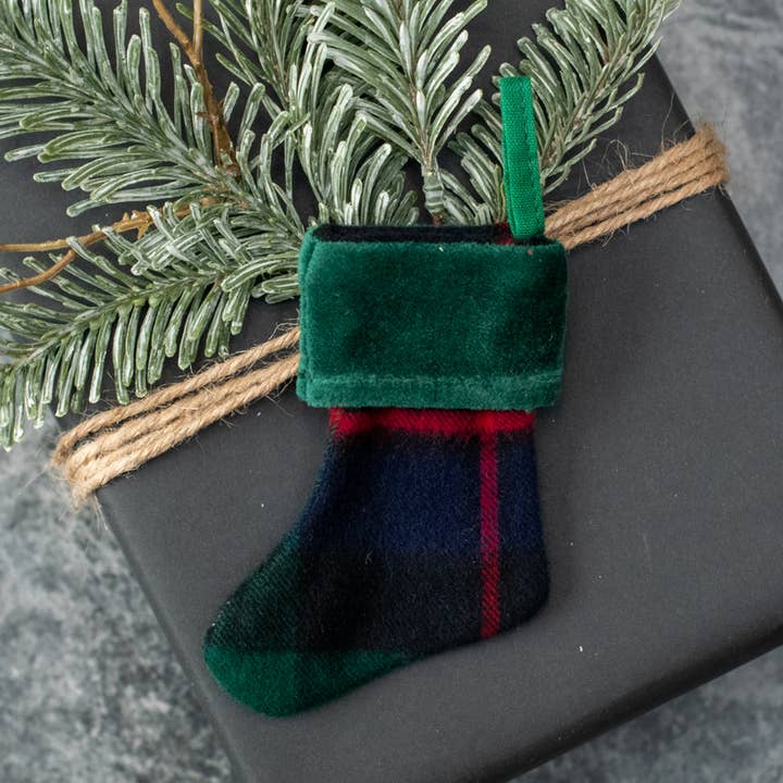 4" TARTAN STOCKING ORNAMENT W/ GREEN CUFF for wholesale by Ragon House