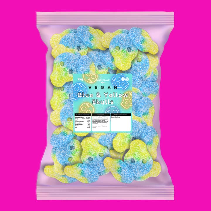 2kg Bonbons Crave Vegan Crânes Bleus & Jaunes pour la vente par Clickin It Candy