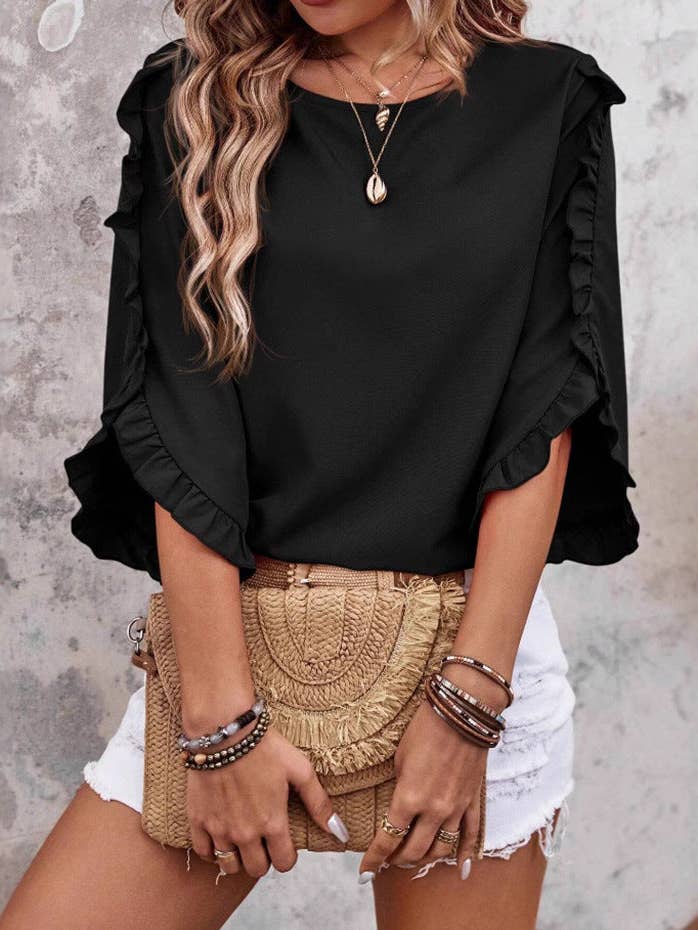 Blusa de Chiffon Preta com Mangas de Folho Soltas para Mulheres por atacado de Suhkasana