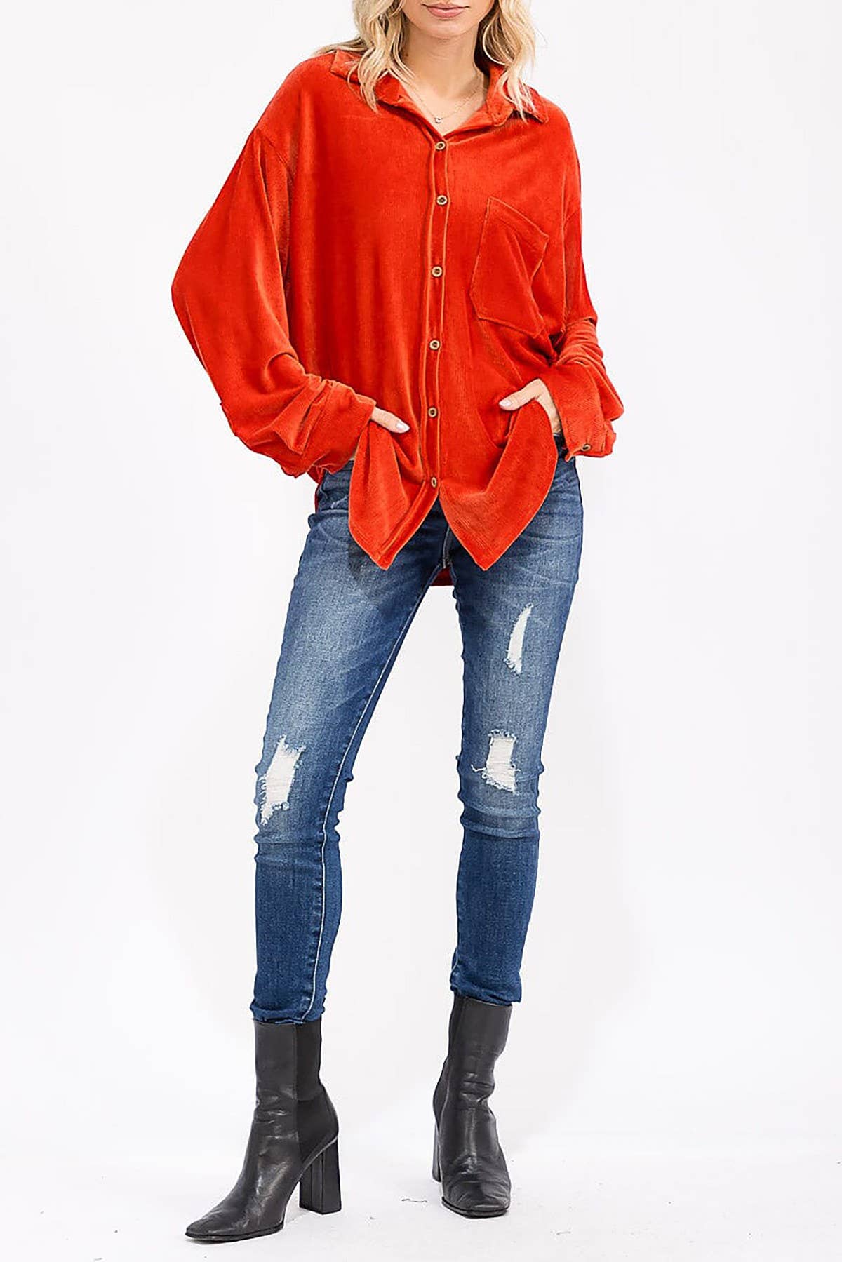 ROUSSEAU - Wholesale Button Down Shirt - Women's - OVERSIZED CORDUROY BUTTON DOWN POCKET FRONT TOP4