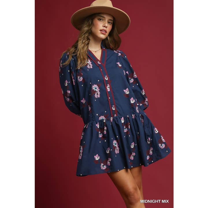 Floral Printed Three Quarter Puff Sleeves Dress for wholesale by BNS