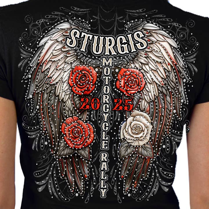 ZWART 2025 Sturgis Motorcycle Rally Leren Vleugels Zwart Dames T-shirt voor groothandel op Faire
